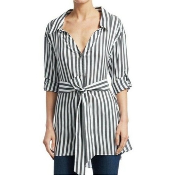 Alice + Olivia Dresses & Skirts - Alice + Olivia Tate Black White Striped Belted Shirt Dress Tunic Top Size L